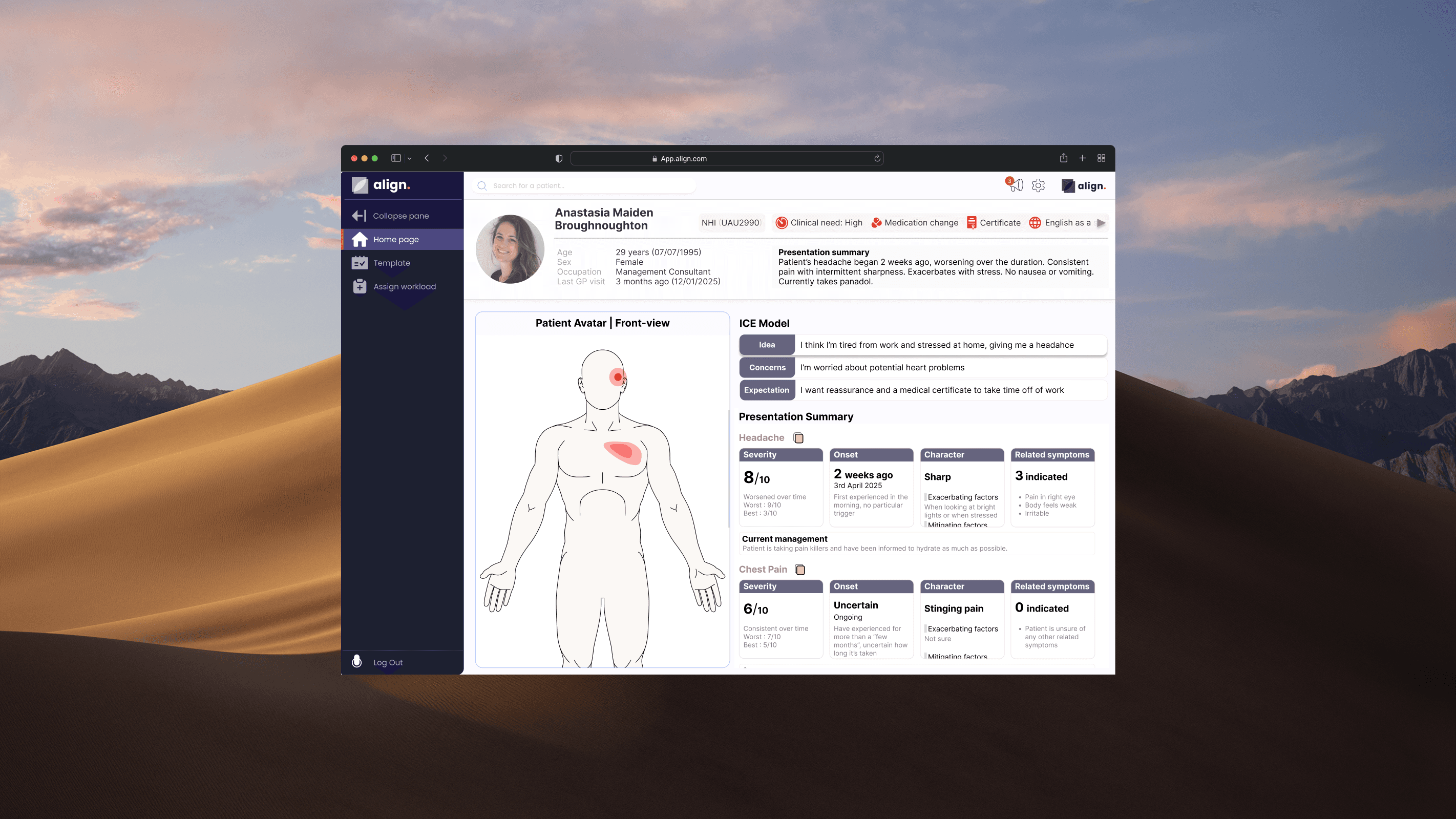 Align patient interface showing medical records with ICE model and summary